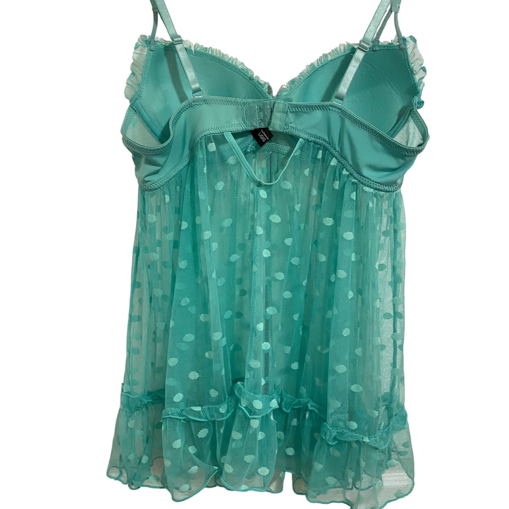 Babydoll Pastel Goth Chemise Soft Girl Womens L Teal Polka Dot Mesh Ruffle Bows - Picture 4 of 7